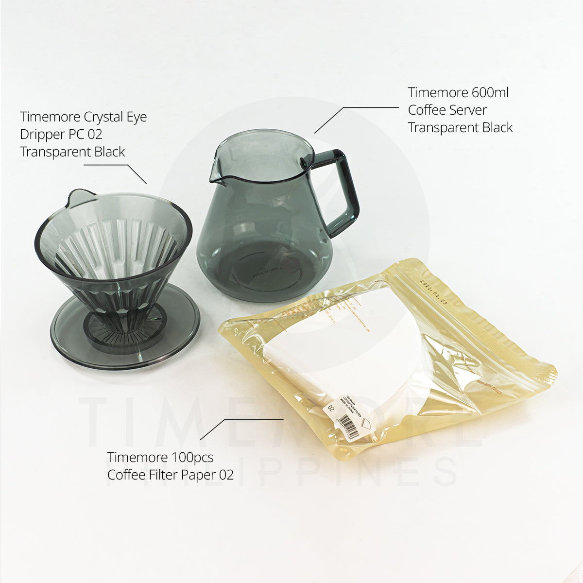 TIMEMORE 600ml Server PC 02 Dripper Black Transparent and 100 pcs Filter Paper